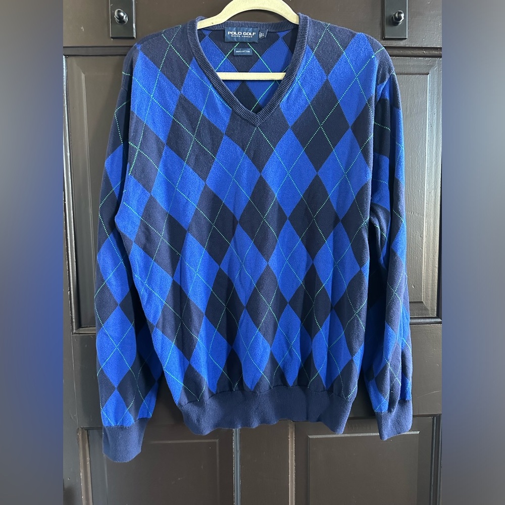 Polo Ralph Lauren Golf Men's Sweater V Neck Long Sleeved 100% Cotton Large Blue